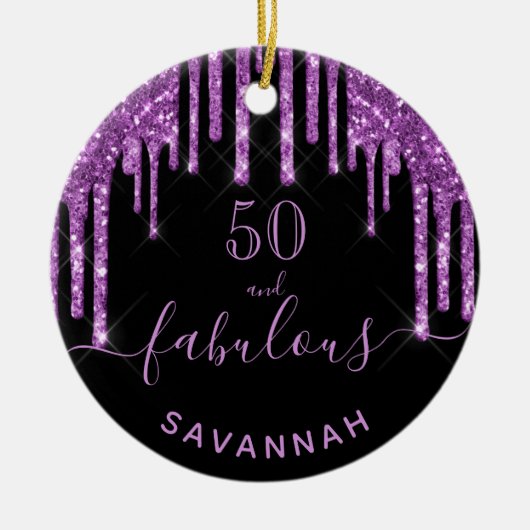素晴らしい誕生日ブラックパープルグリッタースパークル50 セラミックオーナメント (正面)