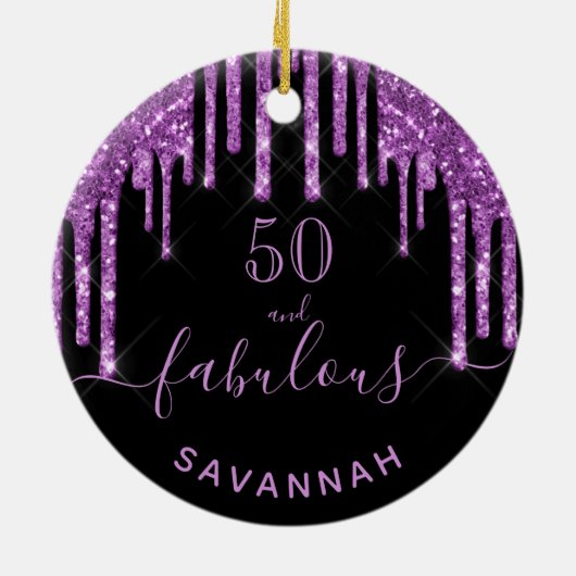 素晴らしい誕生日ブラックパープルグリッタースパークル50 セラミックオーナメント (裏面)