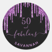 素晴らしい誕生日ブラックパープルグリッタースパークル50 ラウンドシール (正面)