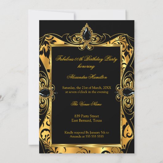 素晴らしい誕生日ブラック金ゴールドダマスシャンパーニュ 招待状 (裏面)