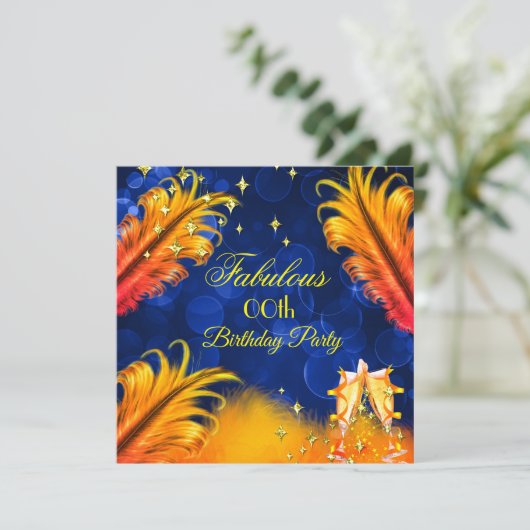 素晴らしい誕生日ブルー金ゴールドイエローシャンパーニュパーティー 招待状 (スタンド正面)