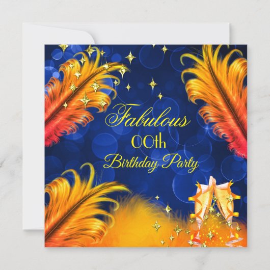 素晴らしい誕生日ブルー金ゴールドイエローシャンパーニュパーティー 招待状 (正面)