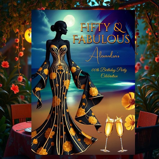 素晴らしい誕生日ムーンライトビーチイエロー金ゴールドブルー 招待状