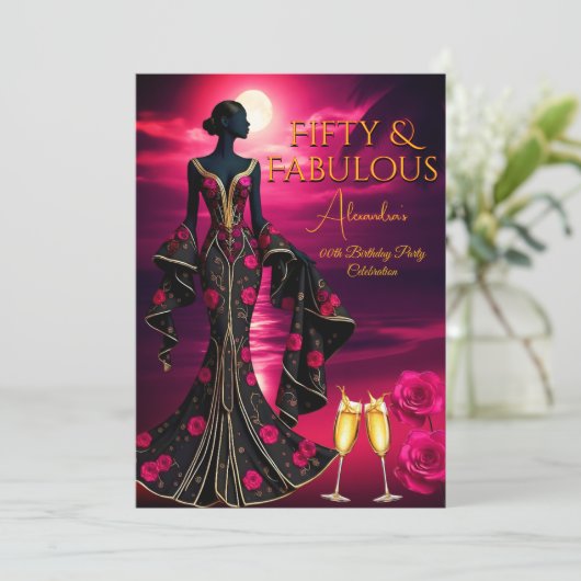 素晴らしい誕生日ムーンライトビーチブラックピンク金ゴールド 招待状 (スタンド正面)