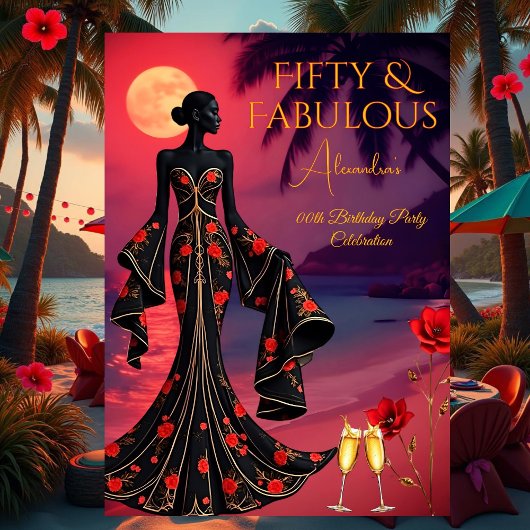 素晴らしい誕生日ムーンライトビーチブラックレッド金ゴールド 招待状