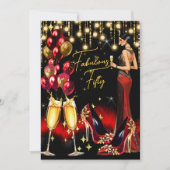 素晴らしい誕生日レッドグリッターシャンパンドレス 招待状 (正面)