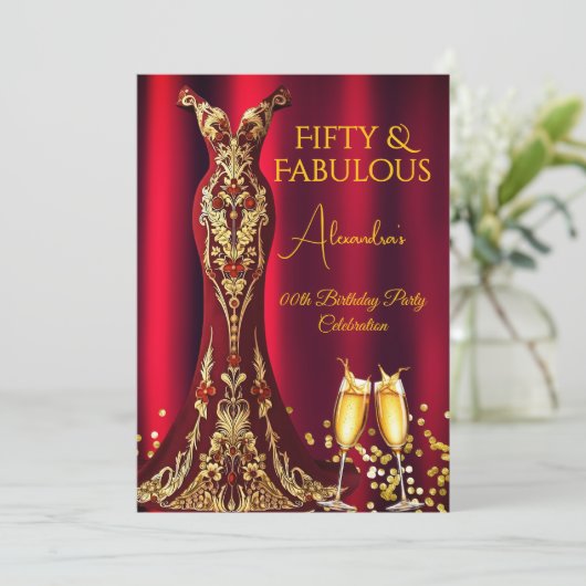 素晴らしい誕生日レッドジェム金ゴールドドレスシャンパン 招待状 (スタンド正面)