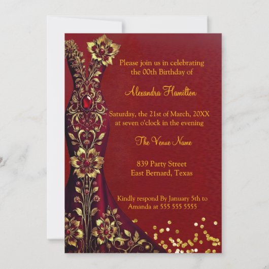 素晴らしい誕生日レッドジェム金ゴールドドレスシャンパン 招待状 (裏面)