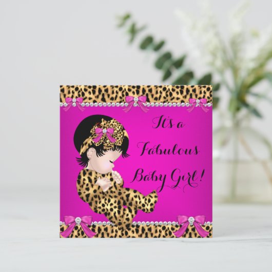 素晴らしい赤ちゃんシャワーベビーかわいいガールヒョウピンク2 招待状 (スタンド正面)