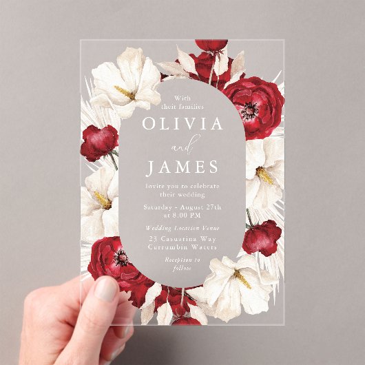 素晴らしい赤と白の花の美し結婚さ アクリル招待状 (インサイチュ (ポータブル))