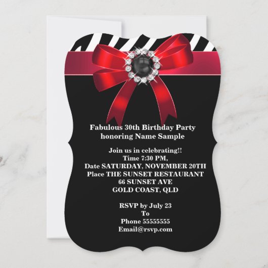 素晴らしい赤ゼブラ白黒誕生日パーティー 招待状 (裏面)