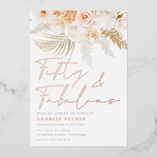 素晴らしい赤面フィフティ&ファブラス50誕生日 箔招待状 (正面)