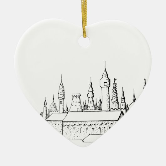 素晴らしい都市。アートワーク。白黒 セラミックオーナメント (正面)