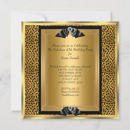 素晴らしい野生40 40th誕生日パーティー金ゴールドヒョウ 招待状 (裏面)