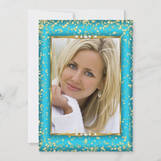 素晴らしい金ゴールドティール(緑がかった色)ブルーシャンパンフォトパーティー 招待状 (裏面)