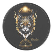 素晴らしい金ゴールド黒猫。 アイスホッケーパック (正面)