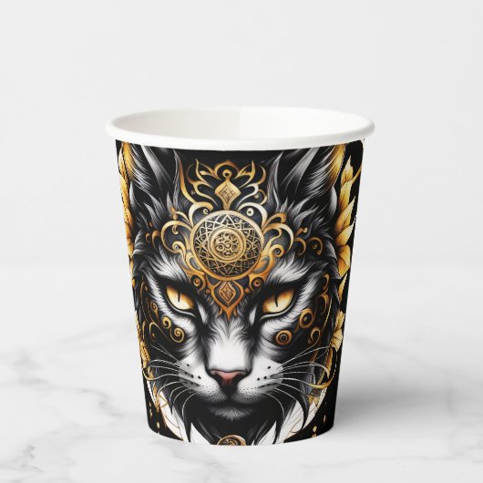 素晴らしい金ゴールド黒猫。 紙コップ (左)