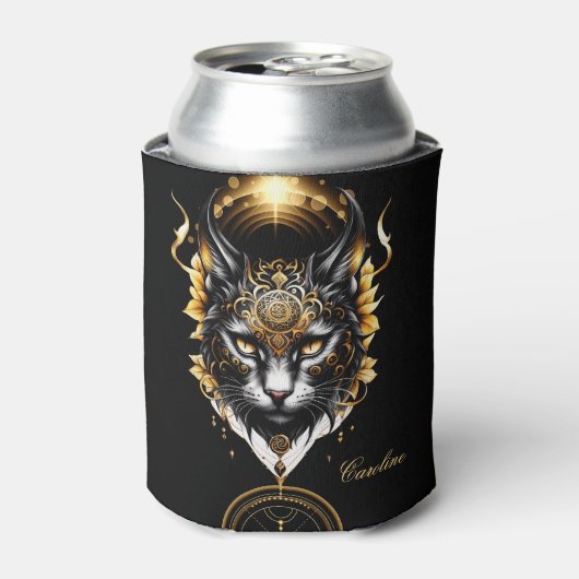 素晴らしい金ゴールド黒猫。 缶クーラー (缶正面)