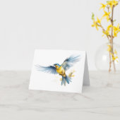 素晴らしい青と黄色の飛んでいる鳥 カード (黄色い花)