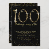 素晴らしい100番目の誕生日、金ゴールドグリッター 招待状 (正面/裏面)