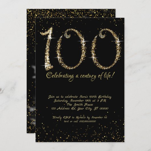 素晴らしい100番目の誕生日、金ゴールドグリッター 招待状 (正面/裏面)
