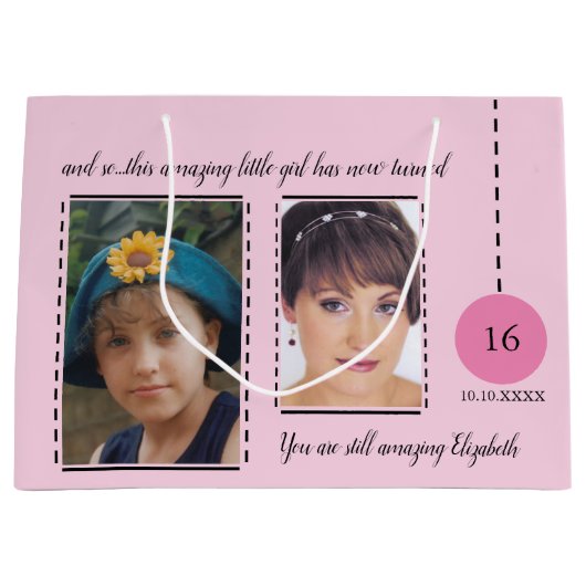素晴らしい16誕生日の名前の日付ピンクの写真 ラージペーパーバッグ (正面)