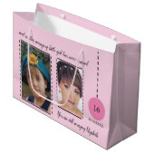 素晴らしい16誕生日の名前の日付ピンクの写真 ラージペーパーバッグ (正面アングル)
