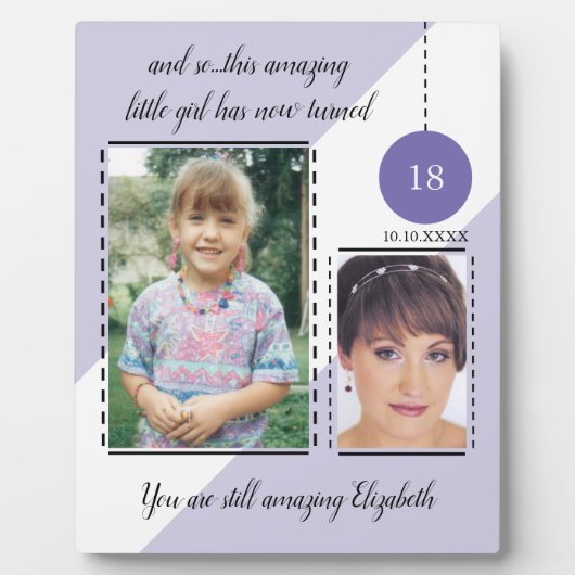 素晴らしい18誕生日名の日付の紫色の写真 フォトプラーク (正面)