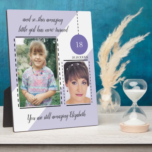 素晴らしい18誕生日名の日付の紫色の写真 フォトプラーク (側面)