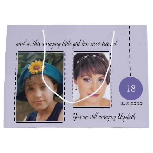 素晴らしい18誕生日名の日付の紫色の写真 ラージペーパーバッグ (正面)