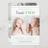 素晴らしい2双子の誕生の発表グリーン 招待状 (正面/裏面)