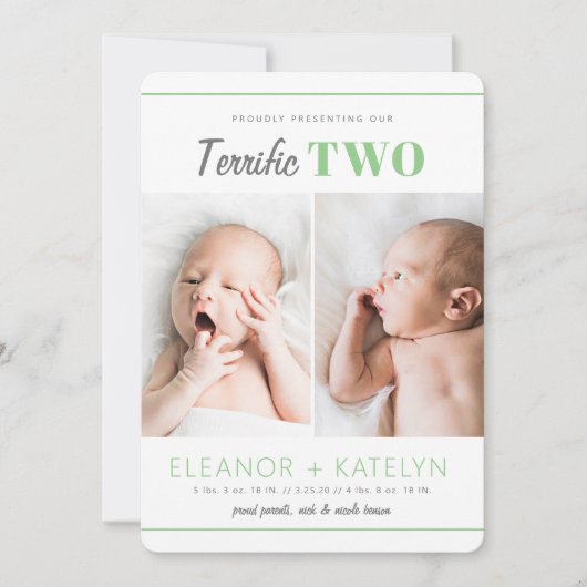 素晴らしい2双子の誕生の発表グリーン 招待状 (正面)