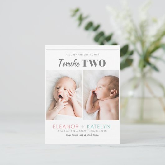 素晴らしい2双子の誕生発表ピンクティール(緑がかった色) ポストカード (スタンド正面)