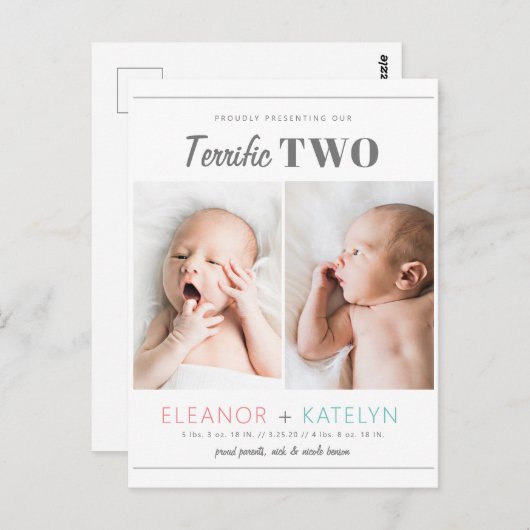 素晴らしい2双子の誕生発表ピンクティール(緑がかった色) ポストカード (正面/裏面)