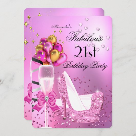 素晴らしい21きらめくライトピンクヒール誕生日 招待状 (正面/裏面)