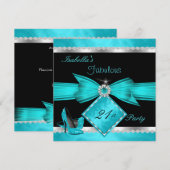 素晴らしい21ティール（緑がかった色）ブラックシルバーバースデーパーティー 招待状 (正面/裏面)