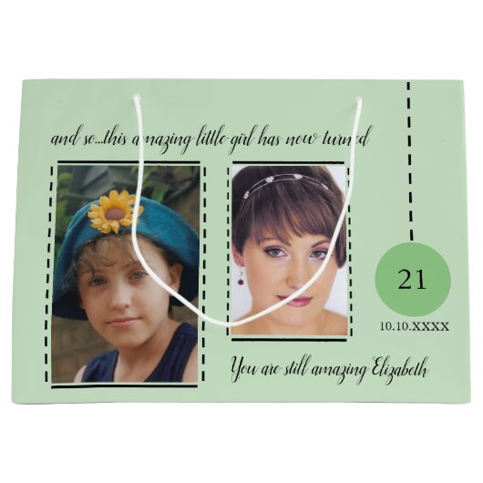 素晴らしい21歳の誕生日の名前の日付の緑の黒い写真 ラージペーパーバッグ (正面)