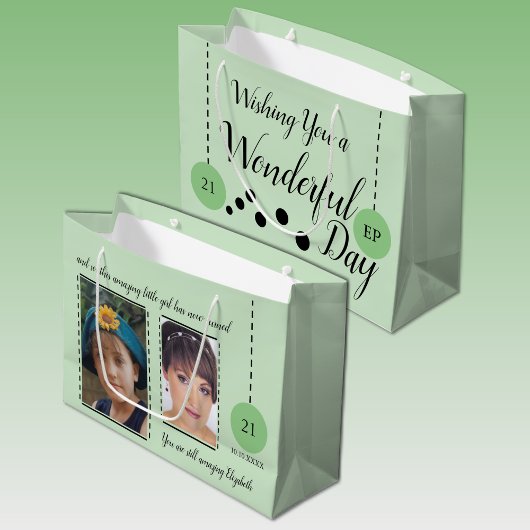 素晴らしい21歳の誕生日の名前の日付の緑の黒い写真 ラージペーパーバッグ
