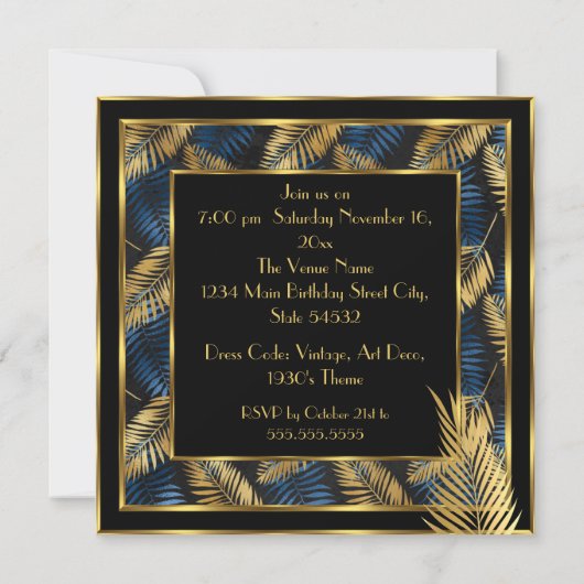 素晴らしい30の誕生日パーティー金ゴールドブルーパームズレディ 招待状 (裏面)