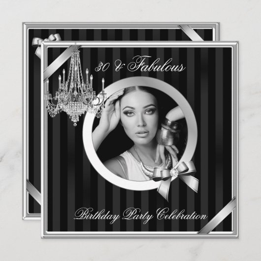 素晴らしい30エレガントシャンデリアシルバーブラック写真 招待状 (正面/裏面)