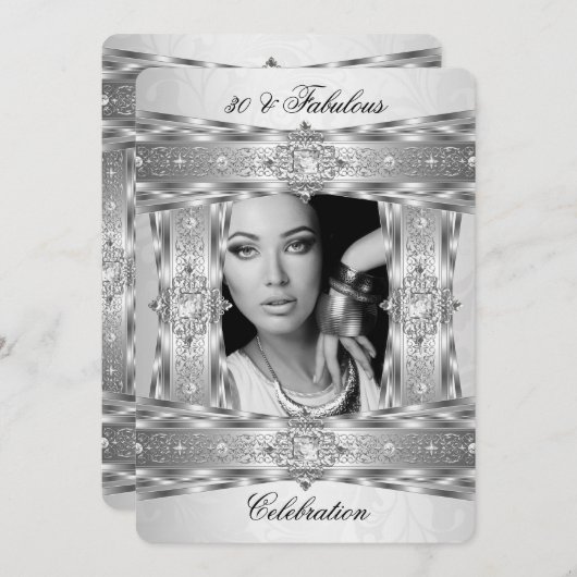 素晴らしい30エレガントダイヤモンドジェムシルバーホワイト写真 招待状 (正面/裏面)