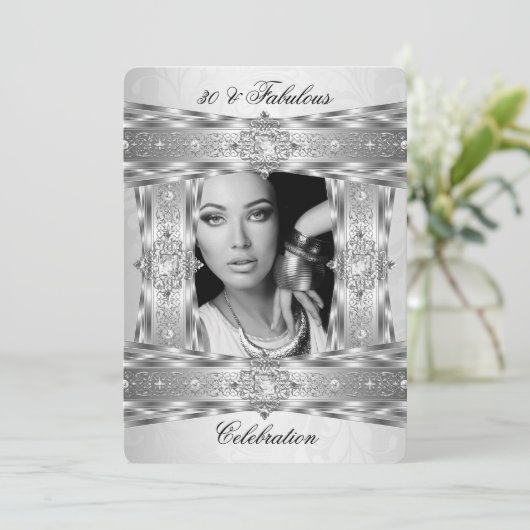 素晴らしい30エレガントダイヤモンドジェムシルバーホワイト写真 招待状 (スタンド正面)