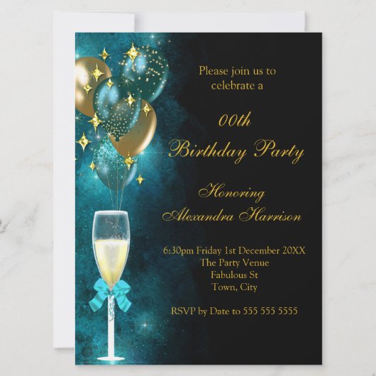 素晴らしい30シャンパーニュパーティーティール(緑がかった色)ブルーヒール金ゴールド 招待状 (裏面)