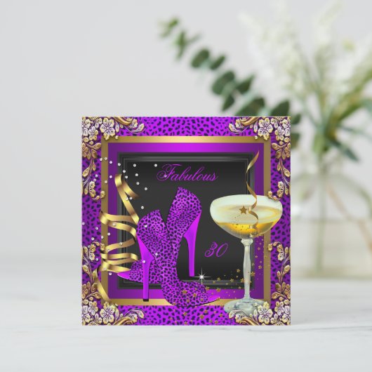 素晴らしい30パープルピンクヒョウ誕生日パーティー 招待状 (スタンド正面)