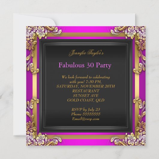 素晴らしい30ピンクの金ゴールド誕生日パーティー 招待状 (裏面)