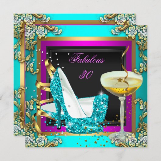 素晴らしい30ピンクティール（緑がかった色）グリッター金ゴールド誕生日パーティー 招待状 (正面/裏面)