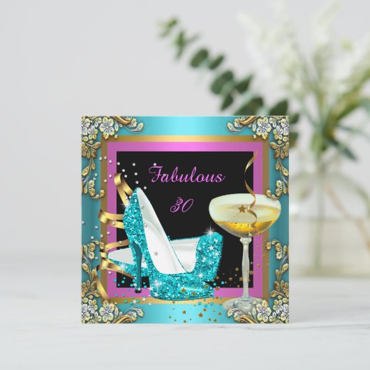 素晴らしい30ピンクティール(緑がかった色)金ゴールドシャンパン誕生日 招待状 (スタンド正面)