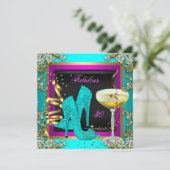 素晴らしい30ピンクティール（緑がかった色）金ゴールド誕生日パーティー 招待状 (スタンド正面)