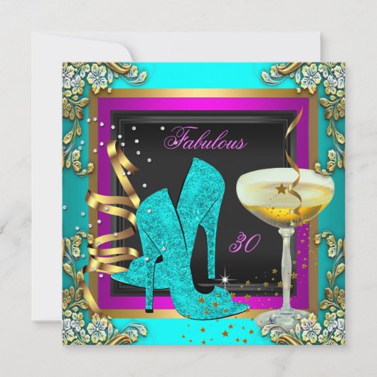 素晴らしい30ピンクティール（緑がかった色）金ゴールド誕生日パーティー 招待状 (正面)
