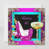 素晴らしい30ホットピンクティール（緑がかった色）グリッター金ゴールドパーティー 招待状 (正面)